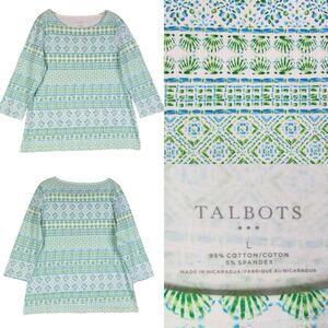 Talbots Tunic Top Size Large L Women’s Popover Blouse Stretch Blue Green